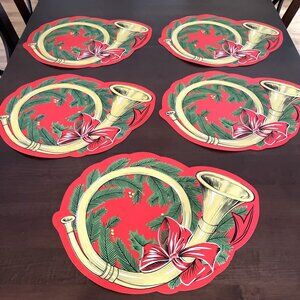 Vintage Town & Country Vinyl Christmas Placemats Red French Horn Bow Set Of 5